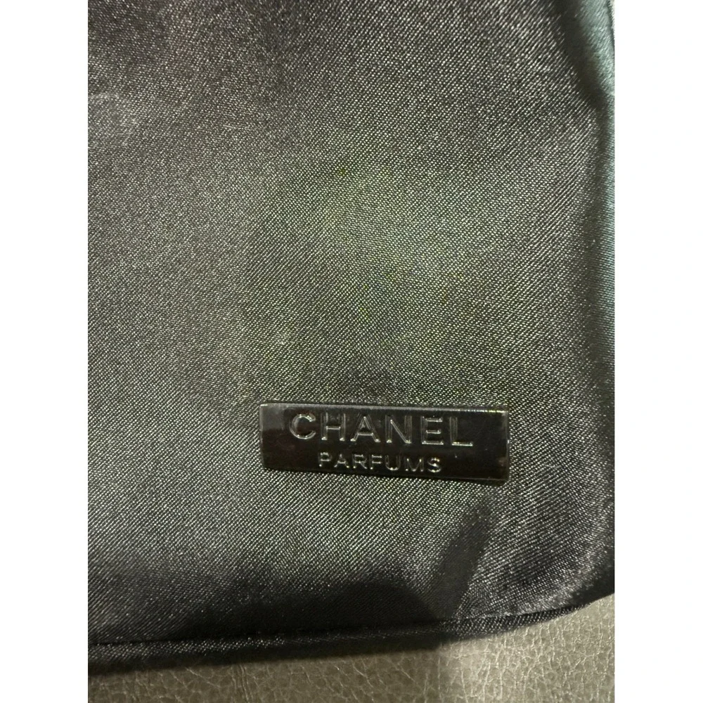 Chanel Parfums Black Satin Cosmetic Pouch Toiletry Bag Makeup Case Logo‎ Lined